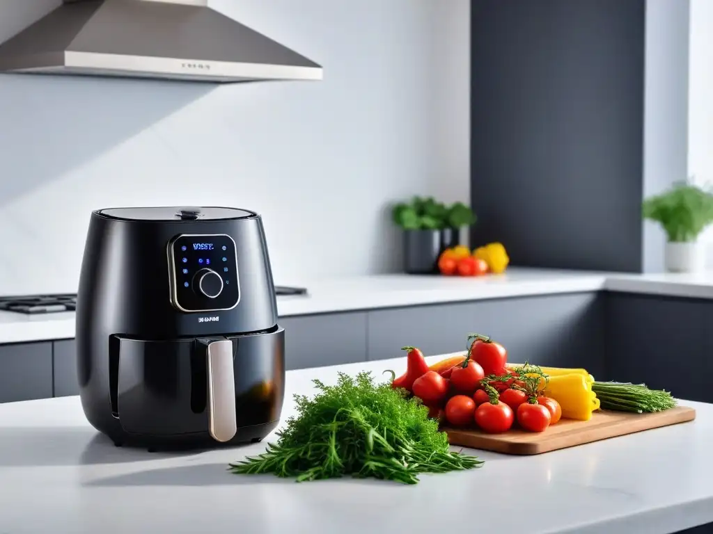 Una visión detallada de un moderno air fryer rodeado de verduras frescas y hierbas en cuencos, sobre una encimera blanca