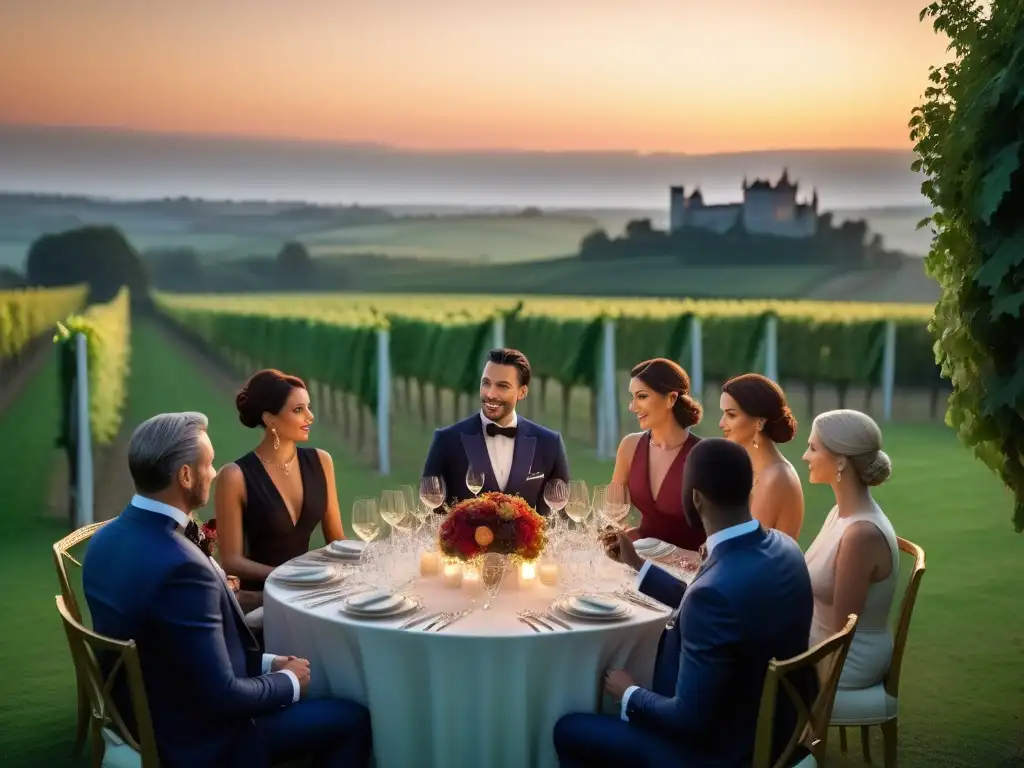 Visitantes disfrutan cena gourmet vegana en chateau lujoso en Francia al atardecer, rodeados de viñedos