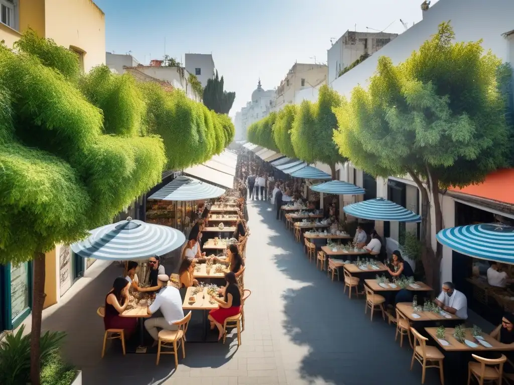 Vista aérea detallada de una bulliciosa calle en Tel Aviv, con cafés veganos coloridos y grupos disfrutando comidas veganas bajo el sol mediterráneo