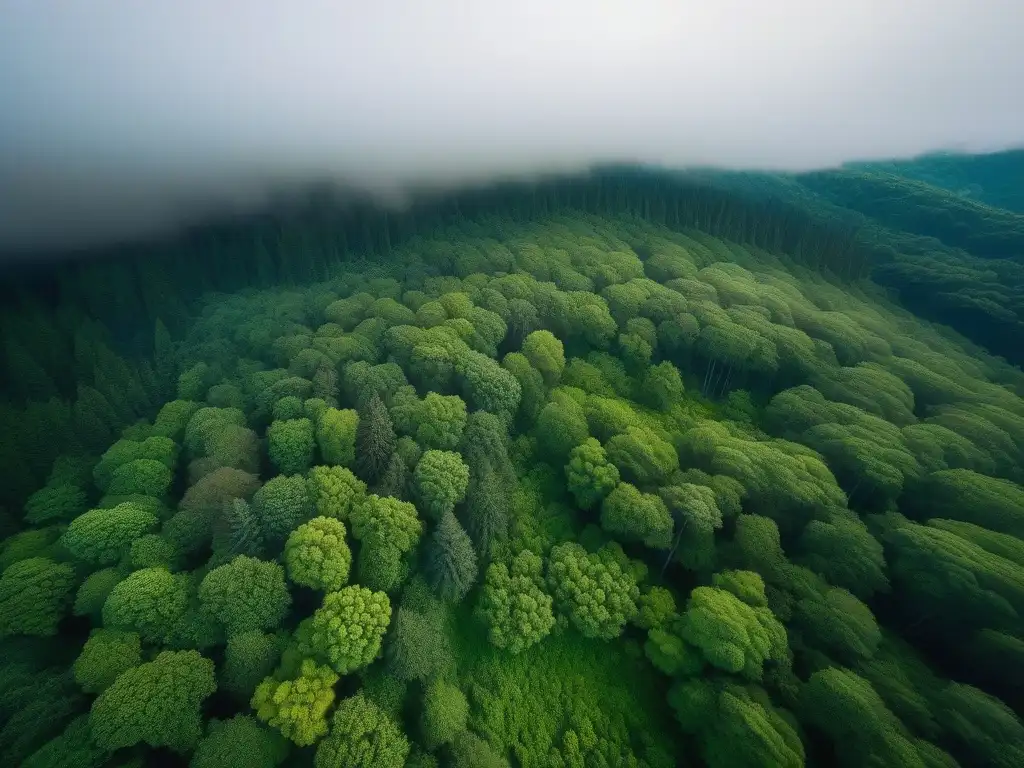 Vista aérea detallada de un frondoso bosque verde, iluminado por el sol, resaltando la biodiversidad y belleza natural