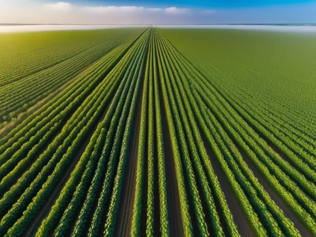 Vista aérea de un extenso campo de soja verde bajo cielo azul, destacando la precisión de las filas de plantas