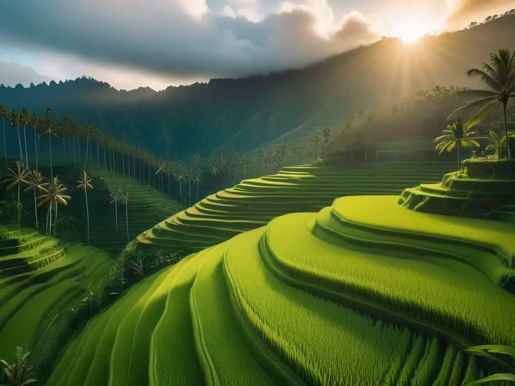 Vista aérea impresionante de arrozales verdes en Bali al atardecer, rodeados de palmeras