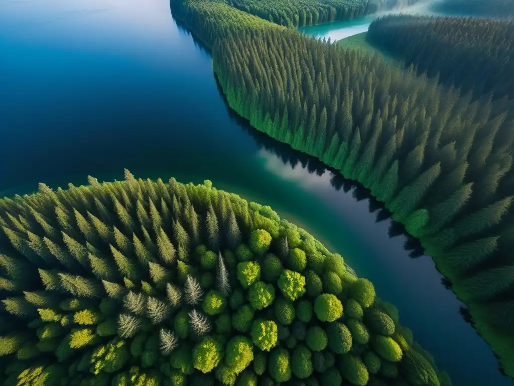 Vista aérea impresionante de un bosque verde exuberante con un río cristalino, reflejando la belleza de la naturaleza en armonía