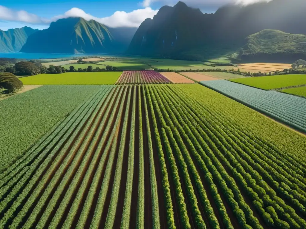 Vista aérea impresionante de granjas veganas en Oceanía: cultivos coloridos, paneles solares brillantes y agricultores trabajando en armonía