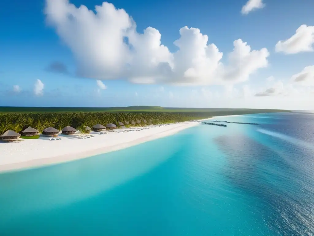 Vista aérea impresionante de una playa de arena blanca en el Caribe con cabanas veganas de lujo y aguas turquesas