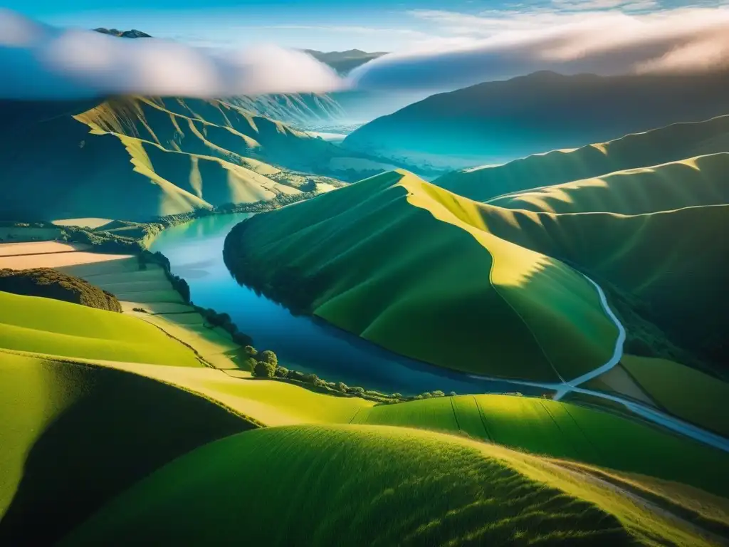 Vista aérea impresionante de verdes colinas en Nueva Zelanda con un río azul, reflejando la belleza natural de Oceanía