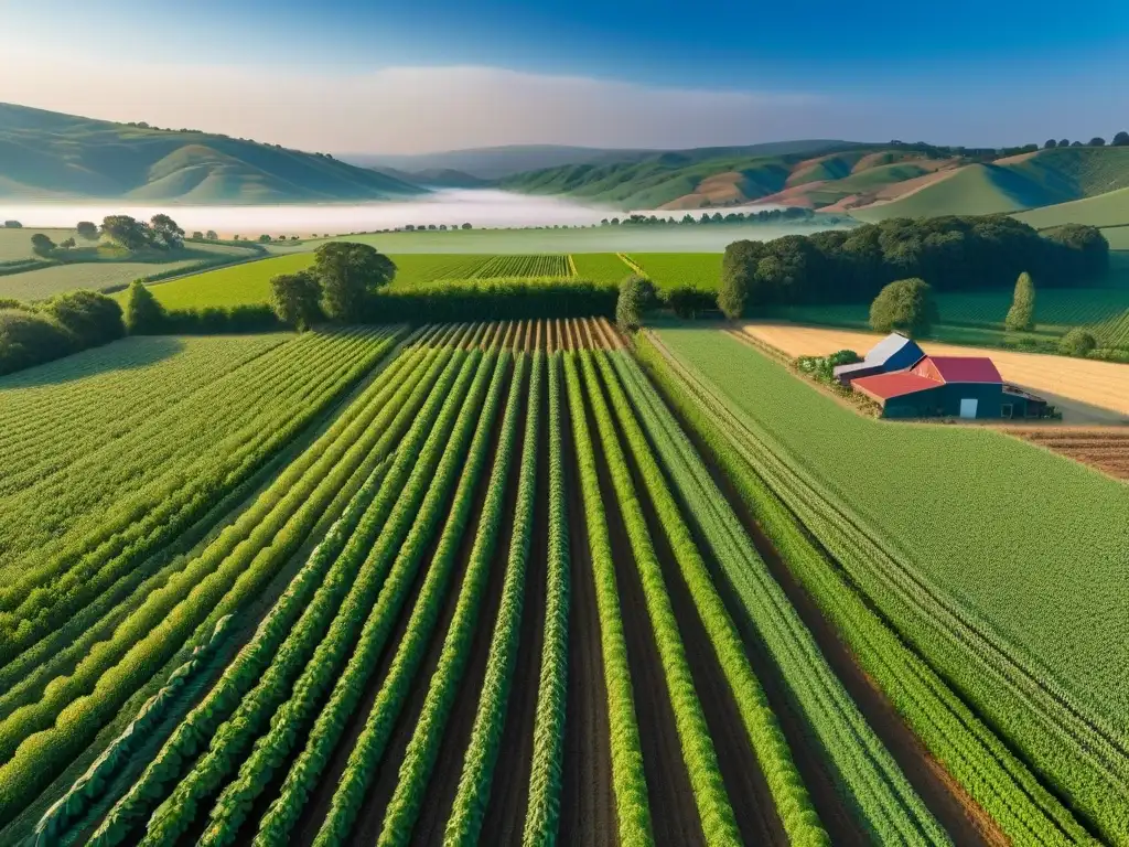 Vista aérea de granja agrícola vegana, eficiente uso de tierra, cultivos coloridos y flores silvestres en armonía