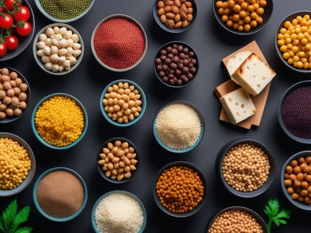 Una vista colorida de proteínas vegetales como quinoa, tofu y nueces, perfectas para una dieta vegana equilibrada