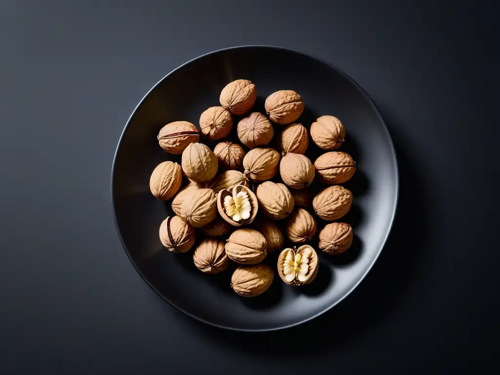 Una vista detallada y cautivadora de nueces veganas en un plato negro moderno, resaltando los beneficios de consumir nueces veganas