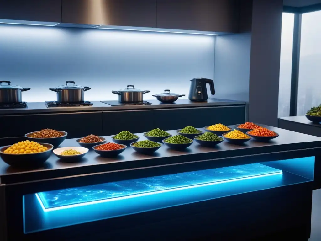 Vista detallada de cocina futurista con displays holográficos de recetas veganas preparadas con apps realidad aumentada cocina vegana