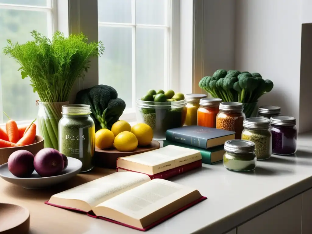 Vista detallada de una cocina moderna con ingredientes veganos coloridos y ashwagandha, destacando los beneficios en veganos