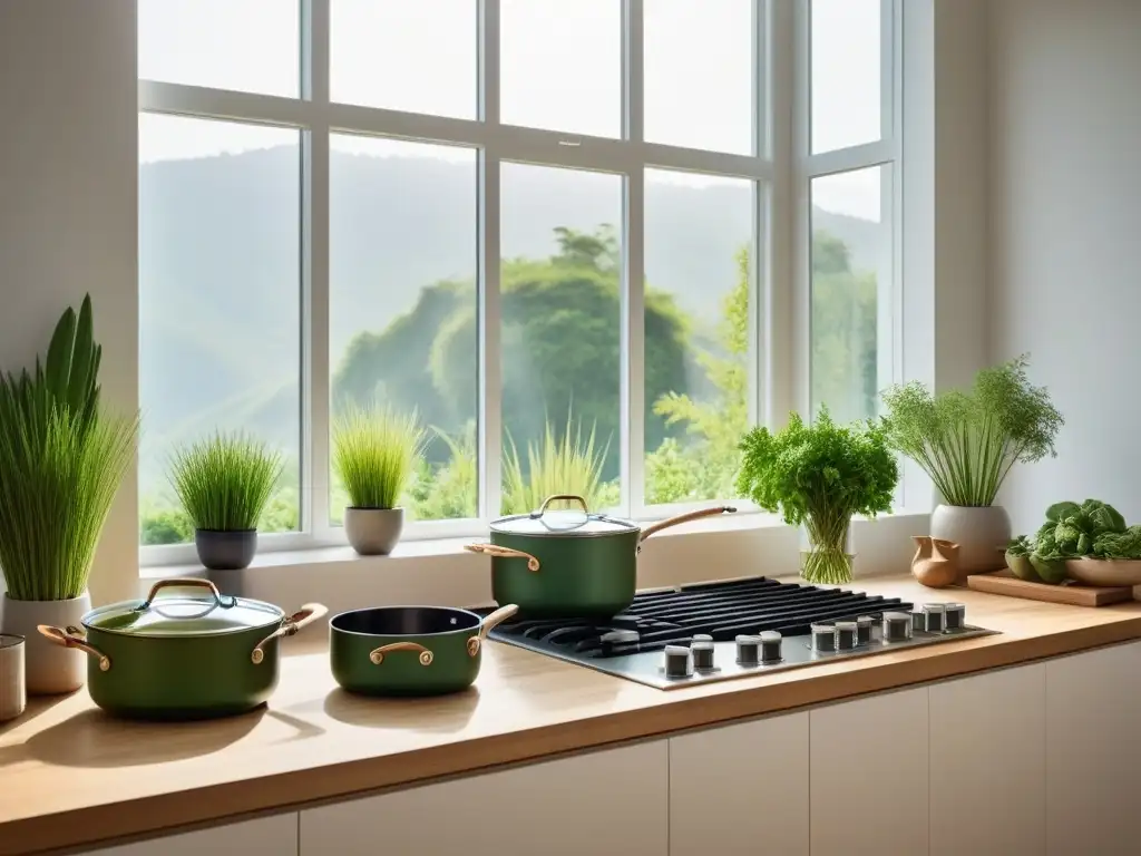 Vista detallada de cocina moderna con sartenes ecofriendly cocina vegana en encimera elegante bañada por luz natural