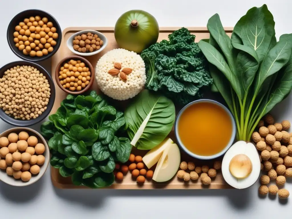 Vista detallada de fuentes veganas ricas en Vitamina K2 como natto, tofu, kale y espinacas