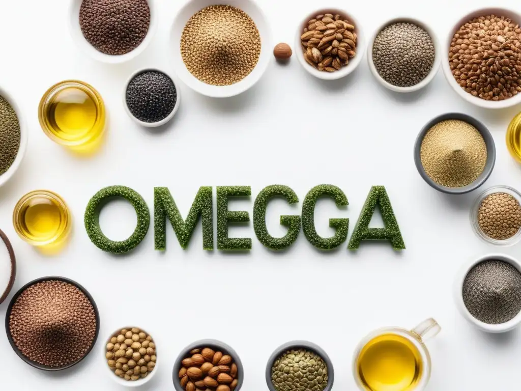 Una vista detallada de fuentes vegetales ricas en Omega3 y Omega6 para dieta vegana en fondo blanco moderno