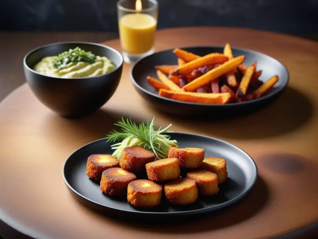 Una vista detallada de platos veganos fritos sin aceite en una cocina moderna y elegante