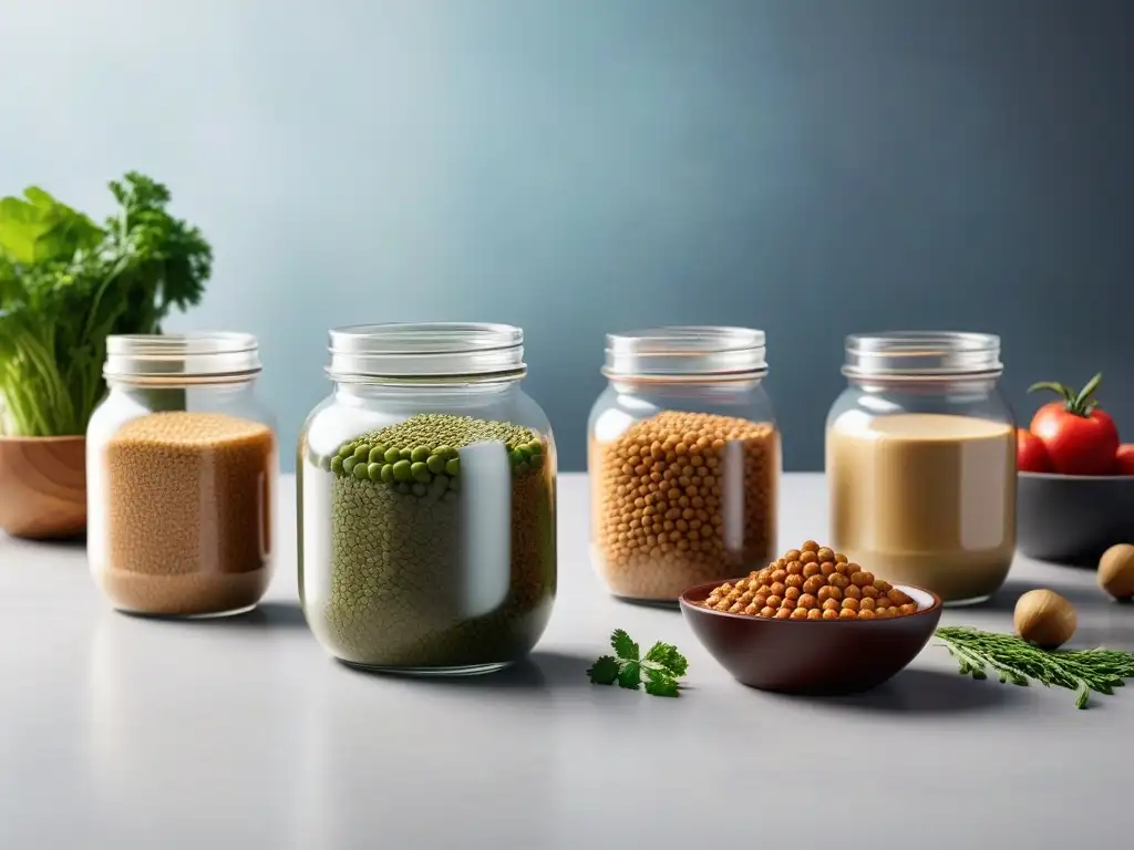 Vista detallada de proteínas en alternativas veganas en cocina minimalista iluminada naturalmente