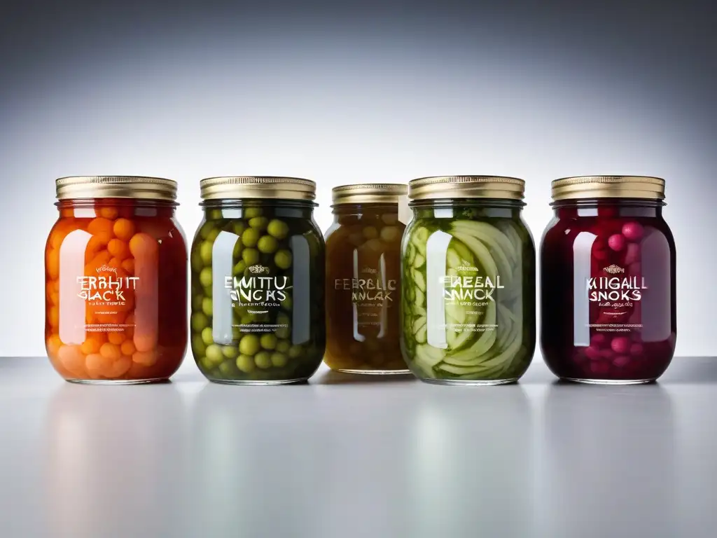 Una vista detallada de tarros coloridos con snacks fermentados veganos saludables como kimchi, chucrut y pepinillos, en un elegante mostrador blanco