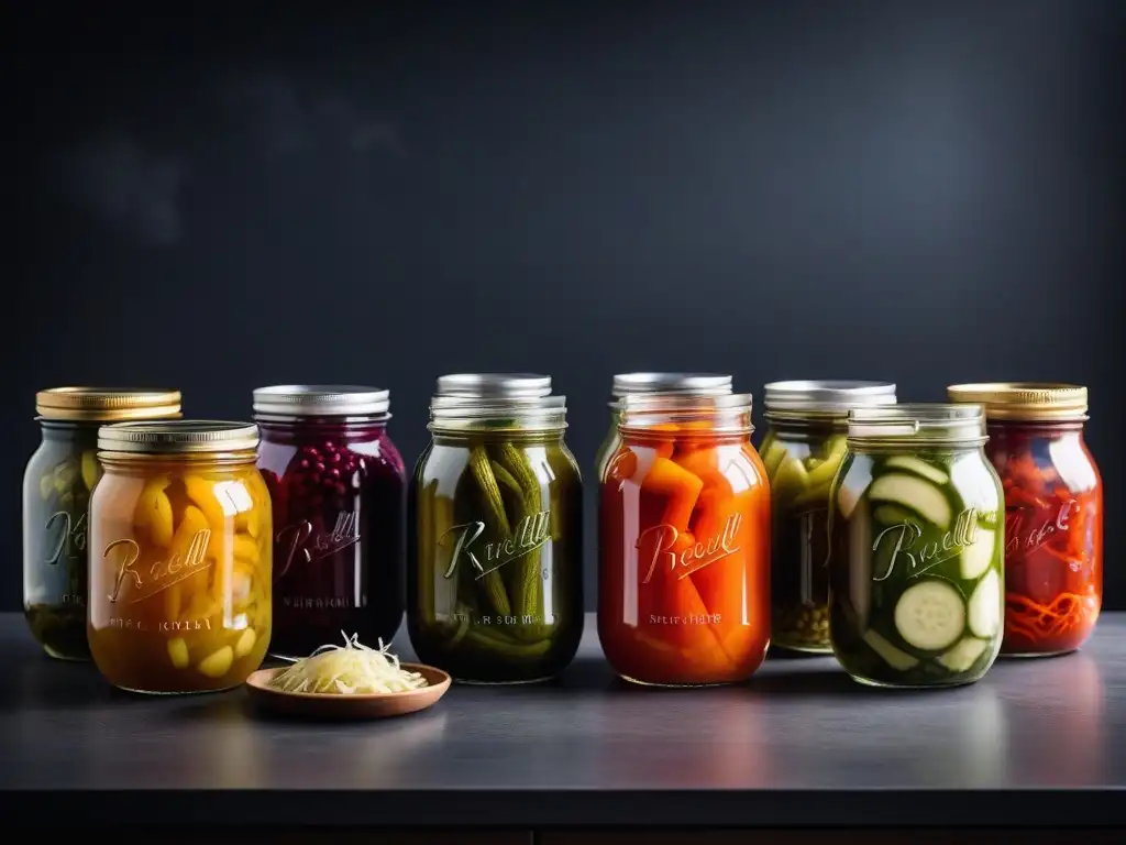 Una vista detallada de tarros coloridos con alimentos veganos fermentados como kimchi, chucrut y encurtidos