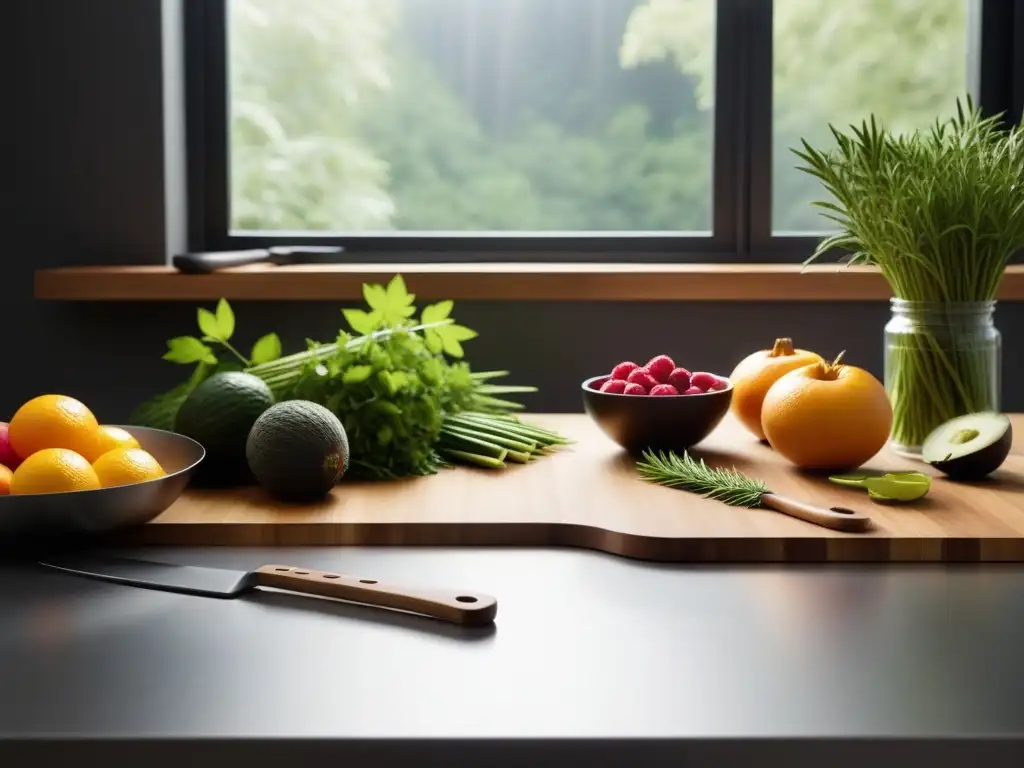 Vista detallada de utensilios biodegradables en una cocina vegana, con frutas frescas y luz natural