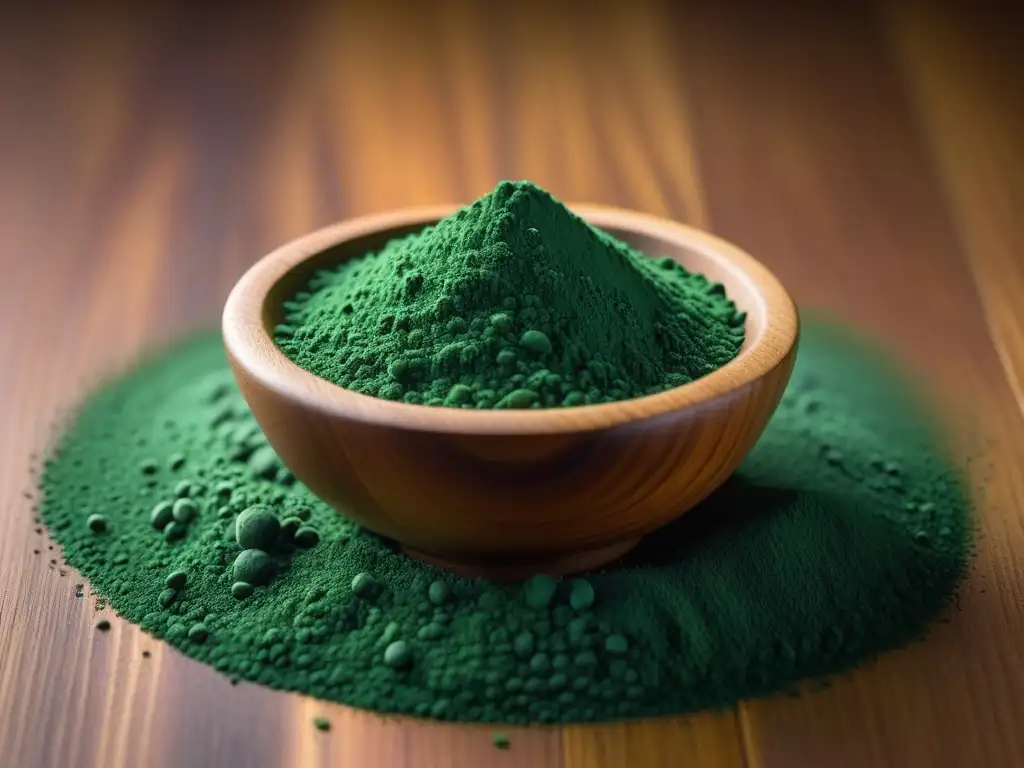 Una vista detallada de la vibrante espirulina en polvo esparcida sobre madera, con luz natural y sombras suaves