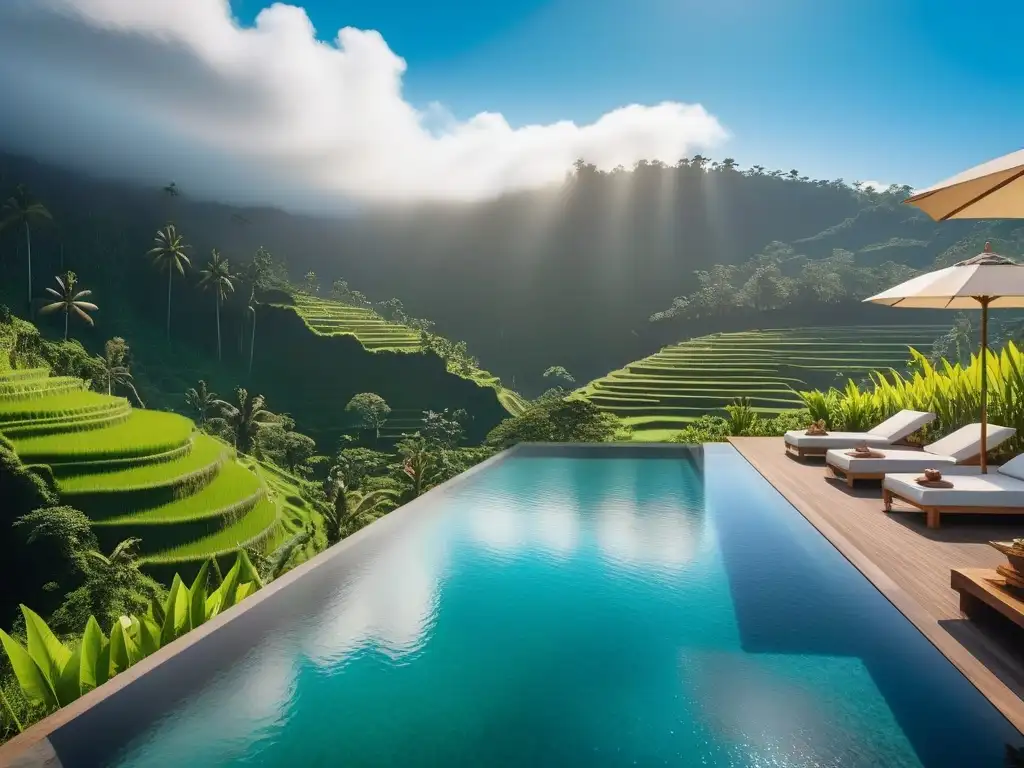 Vista de ensueño en un retiro vegano de lujo en Bali, con piscina infinita y villas de madera entre vegetación tropical y cielo azul claro