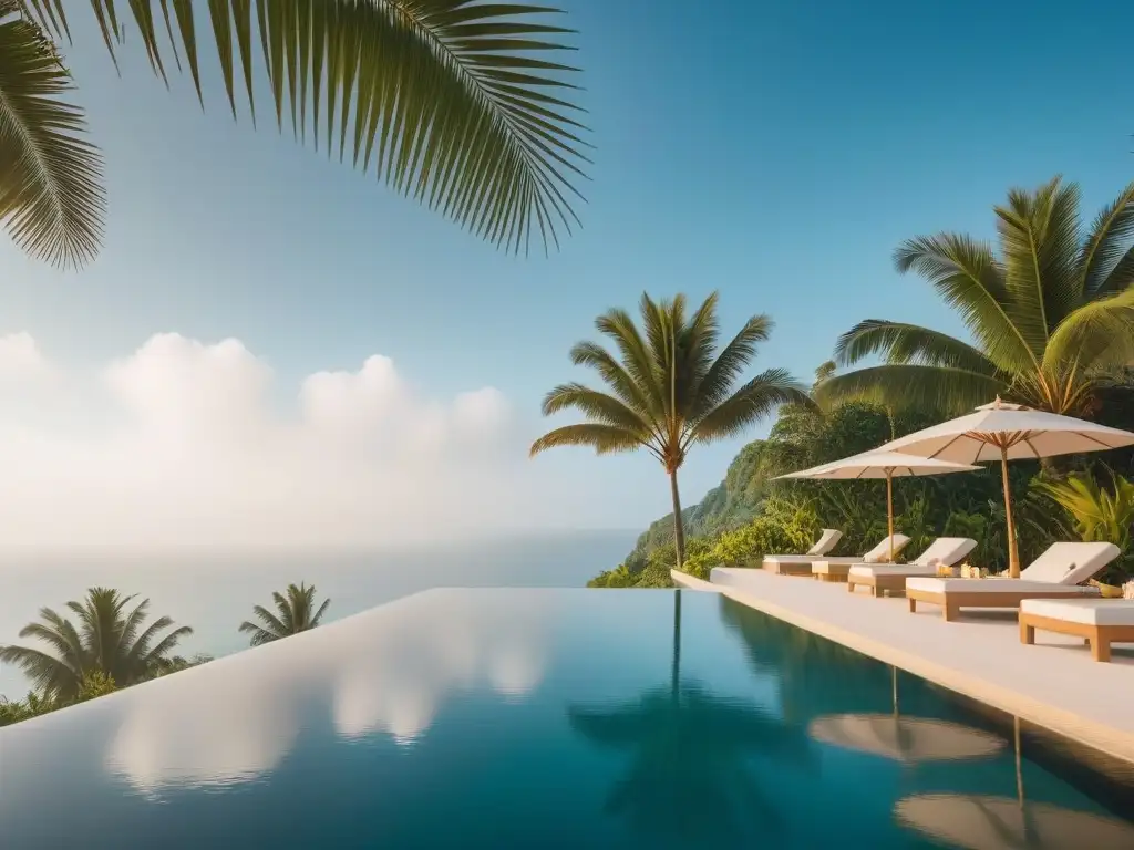 Vista exclusiva de una piscina infinita en un resort vegano en América, con un ambiente sereno y lujoso