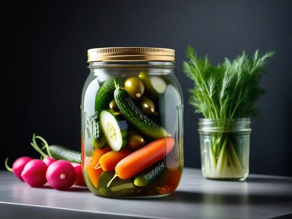 Deléitate con la vista de un frasco de pickles veganos ácidos caseros, resaltando la frescura y calidad artesanal de la receta