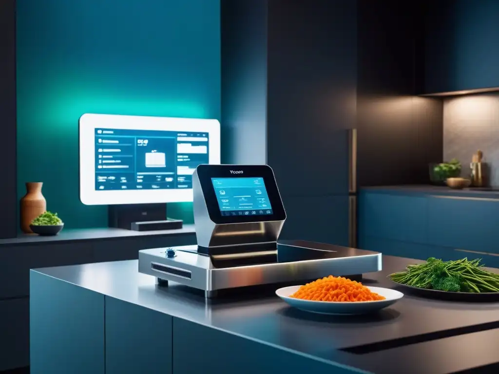 Vista futurista de cocina moderna con aplicaciones veganas, diseño minimalista en tonos frescos