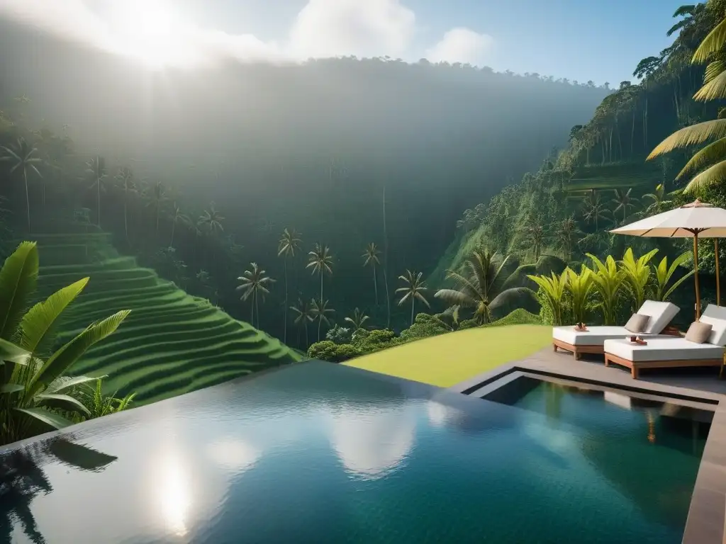 Vista de una lujosa piscina infinita rodeada de terrazas de arroz en Bali