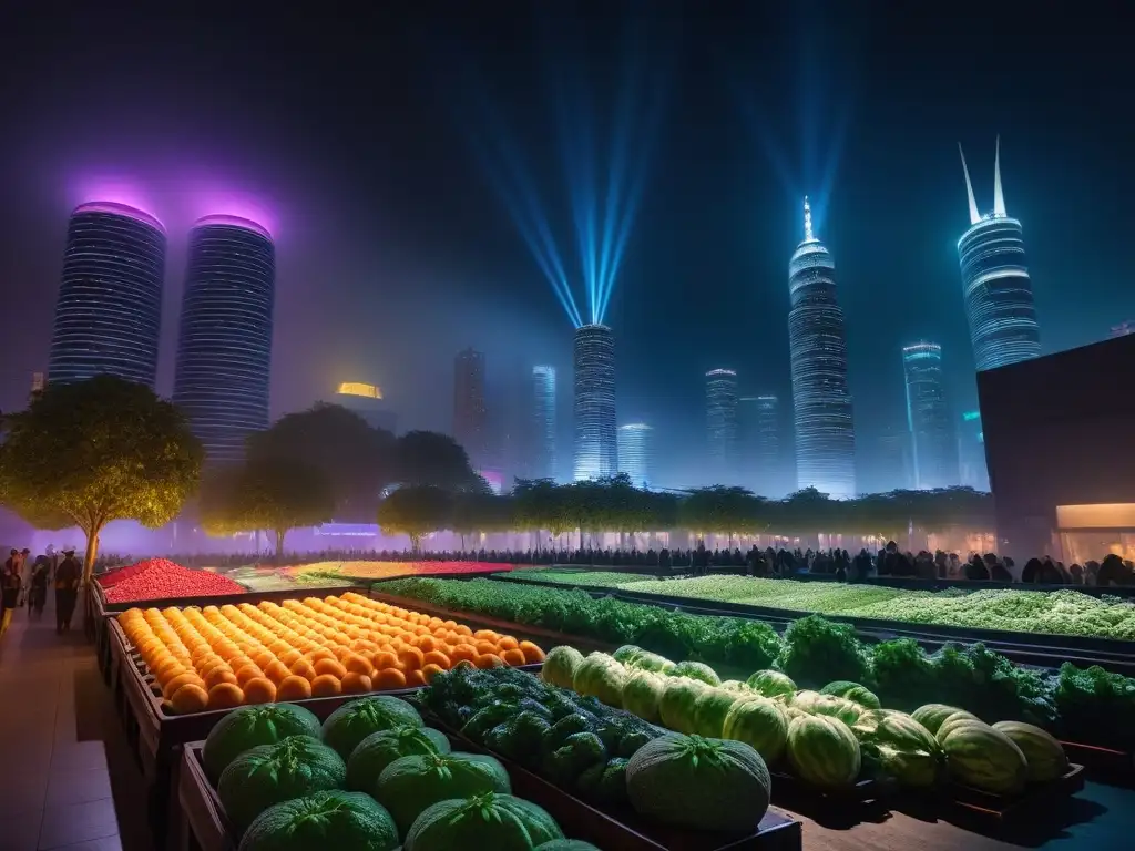 Vista nocturna futurista de ciudad con luces neón y hologramas de frutas y verduras