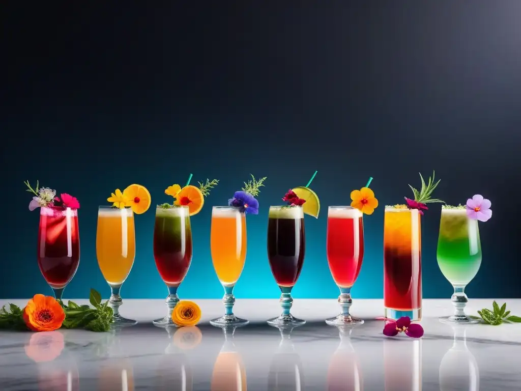 Una vista vibrante de cocteles veganos innovadores, decorados con hierbas frescas y flores comestibles en un elegante mostrador de mármol