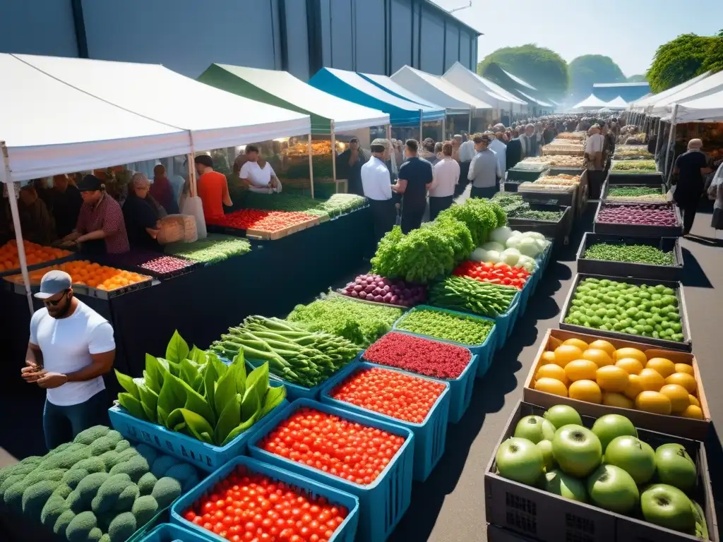 Vista aérea vibrante de un exitoso mercado de emprendedores veganos sostenibles