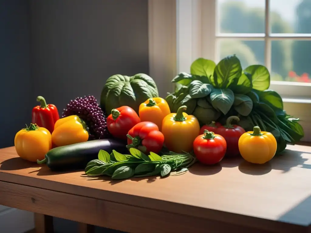 Una vista vibrante de frutas y verduras frescas y coloridas en una mesa de madera