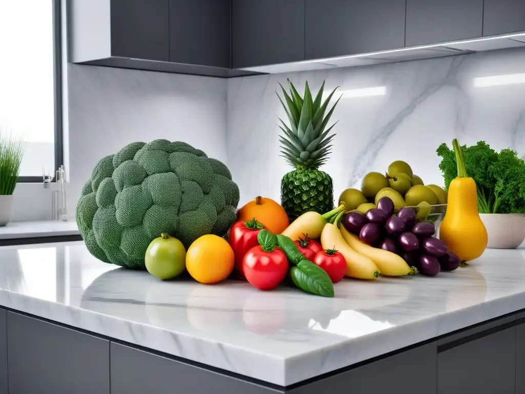 Una vista vibrante y moderna de frutas y verduras coloridas en un elegante mostrador de cocina de mármol blanco