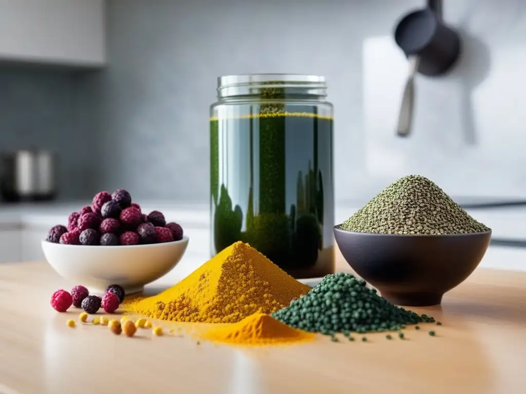 Una vista vibrante de superfoods veganos en una cocina moderna con iluminación suave