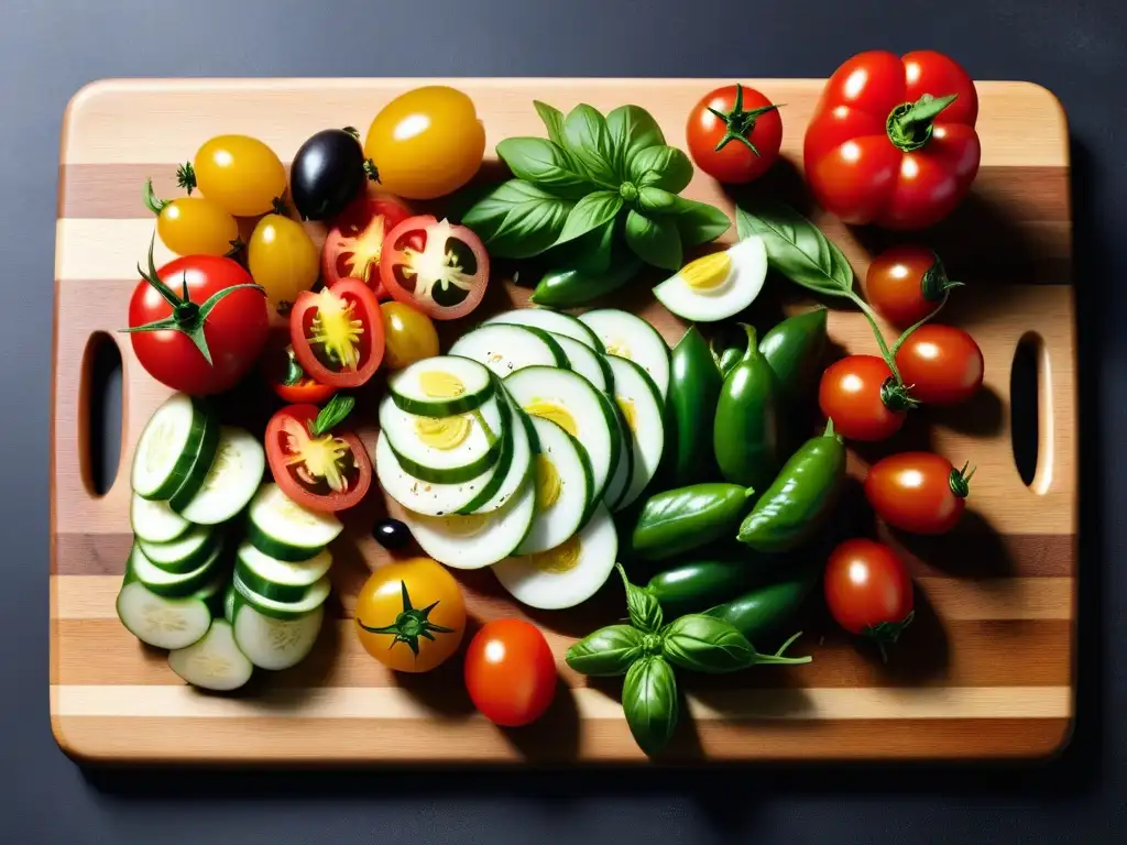 Una vista aérea vibrante de una tabla de cortar de madera repleta de ingredientes coloridos para ensaladas mediterráneas veganas deliciosas