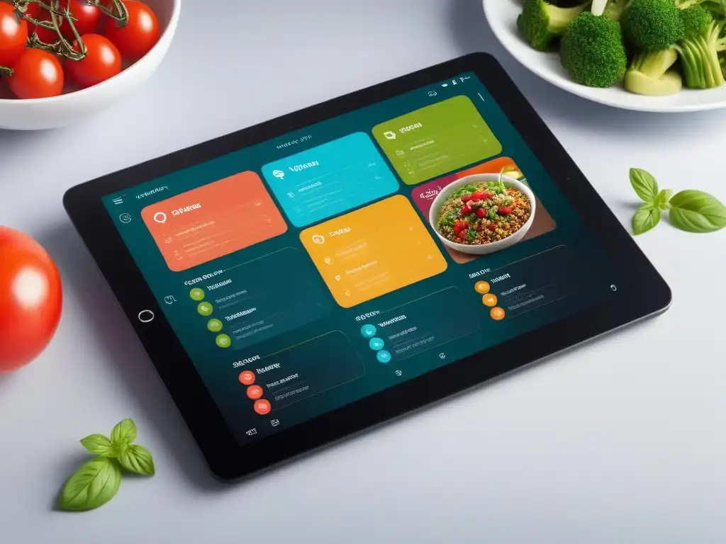 Visual de una elegante tablet digital con un planificación dieta vegana digital vibrante y colorido
