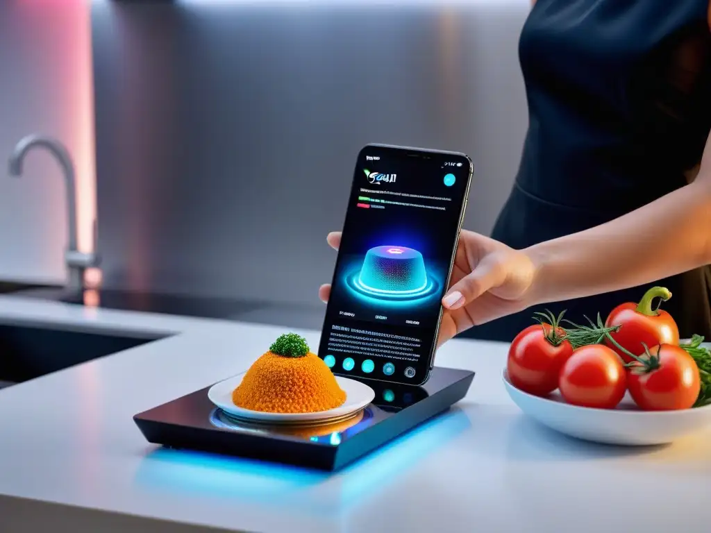 Una representación vívida de una receta vegana en holograma 3D a través de una app de cocina en realidad aumentada