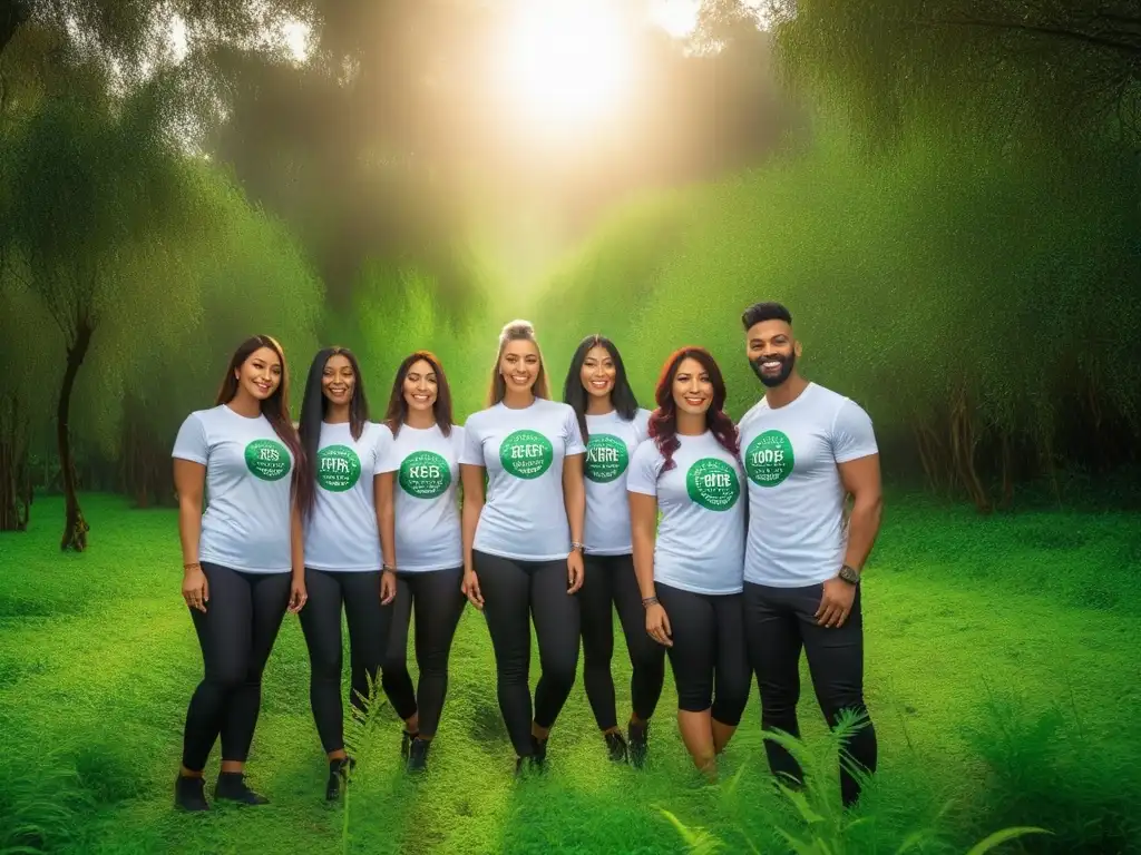 Voluntariado vegano internacional plantando árboles en un bosque exuberante bajo el sol brillante