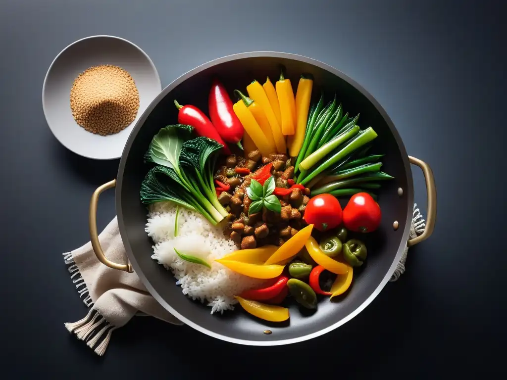 Un wok vibrante rebosante de vegetales coloridos en salsa de soja, destacando la fusión de recetas veganas asiáticas tradicionales