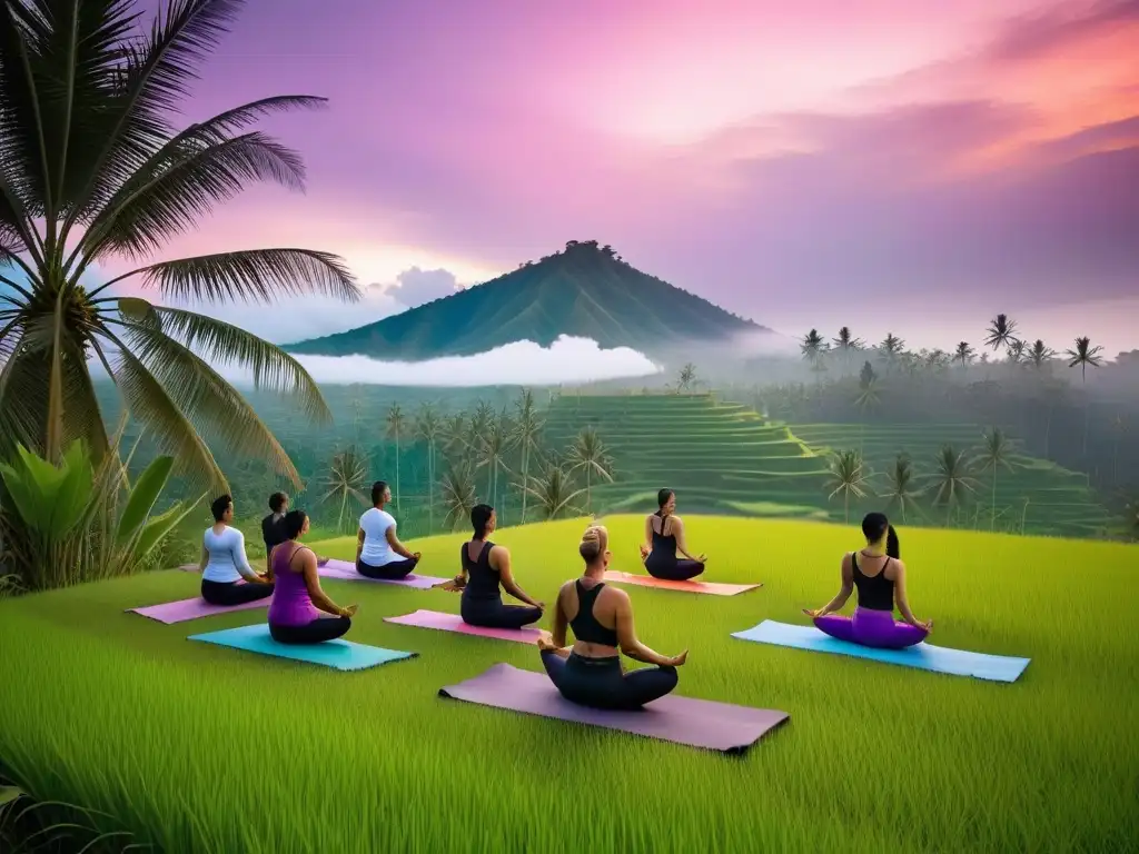 Yoguis practicando yoga al amanecer en Bali, con cielo colorido y atmósfera espiritual