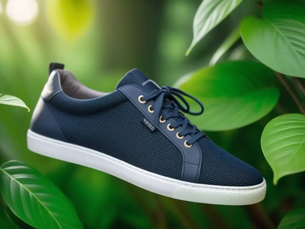 Zapatillas veganas cómodas y sostenibles con diseño moderno y detalles de costura, sobre fondo de hojas verdes vibrantes